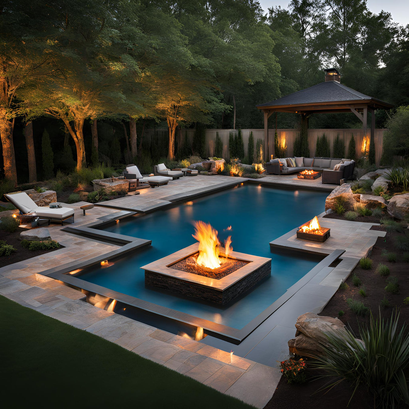 Dream backyard with large pool with water and fire scuppers and fire pits surrounding with palm trees with a mansion