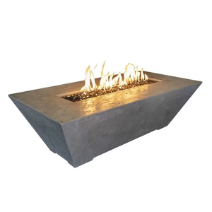 Grey stone rectangle fire pit table with black lava rocks