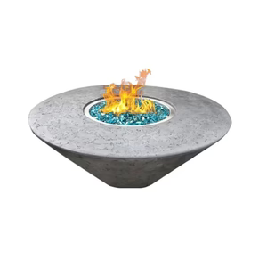 oblique round fire table with GFRC stone with blue lava glass